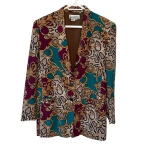 Women’s 100% Silk Lined Gold Purple Teal Blazer Size 14